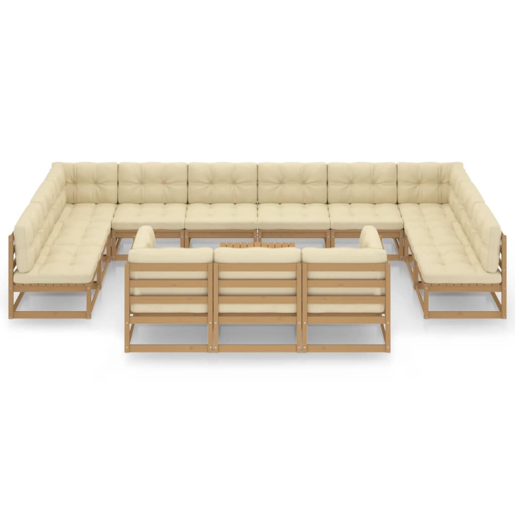14-tlg. Garten-Lounge-Set Kissen Honigbraun Kiefer Massivholz